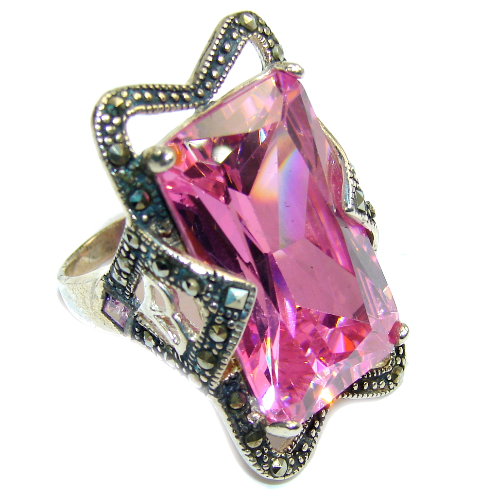 Big! Created Pink Sapphire & Marcasite Sterling Silver Ring s. 7