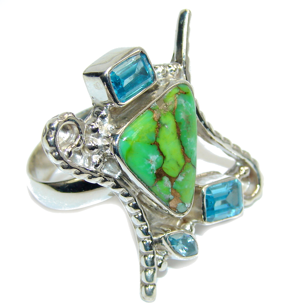 Big! Abstract Design Copper Turquoise Sterling Silver Ring s. 9