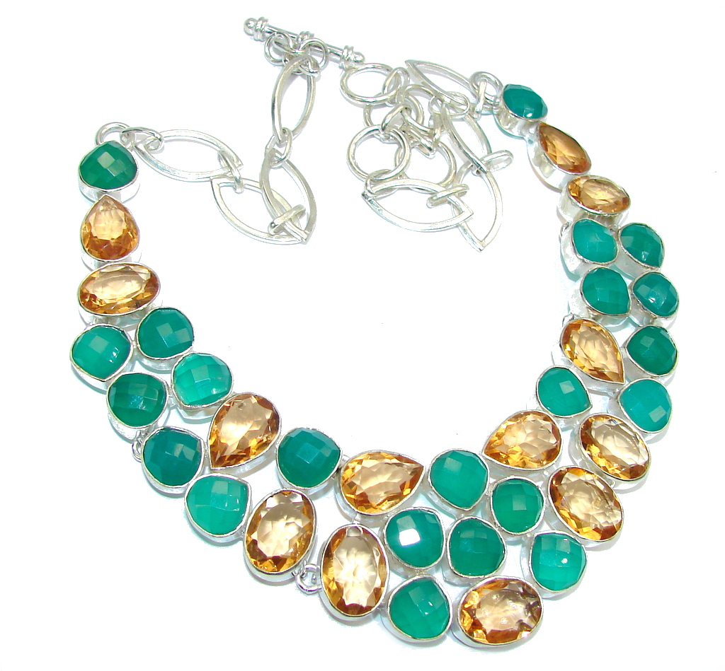 Exotic Beauty Green Agate & Golden Topaz Sterling Silver necklace
