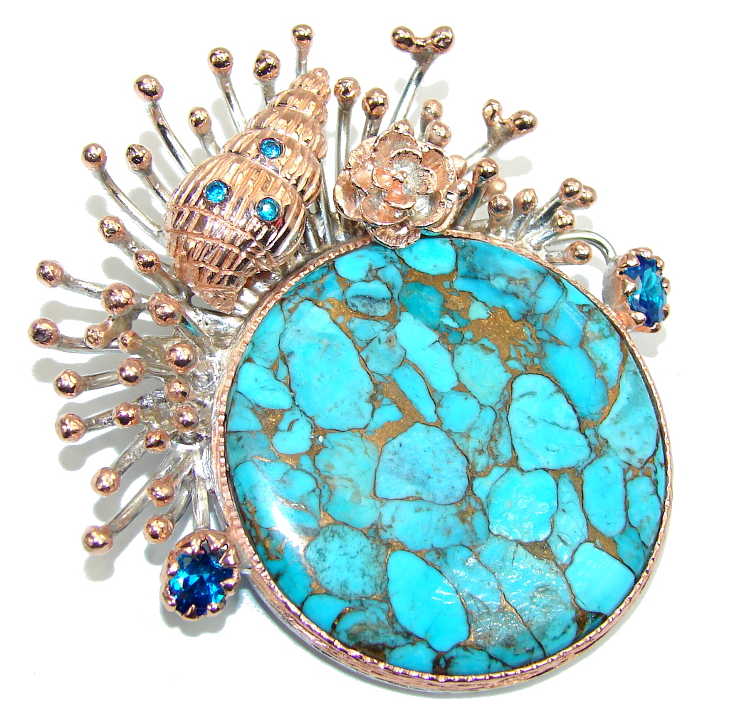 Big! Ocean Beauty AAA Copper Blue Turquoise, Rose Gold Plated Sterling Silver Pendant