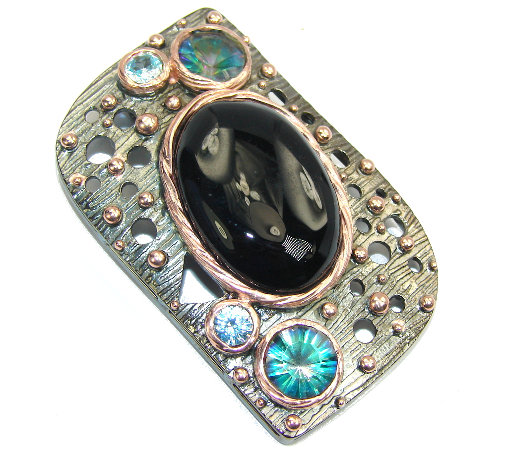 Big! Gorgeous AAA Black Onyx Rose Gold Plated, Rhodium Plated Sterling Silver Pendant