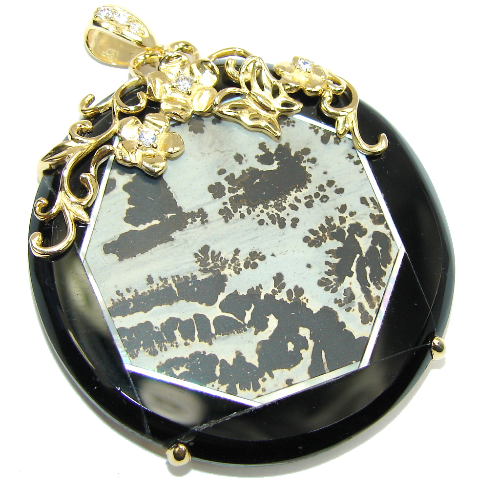 Beautiful Silver Leaf Jasper & White Topaz, Gold Plated Sterling Silver Pendant