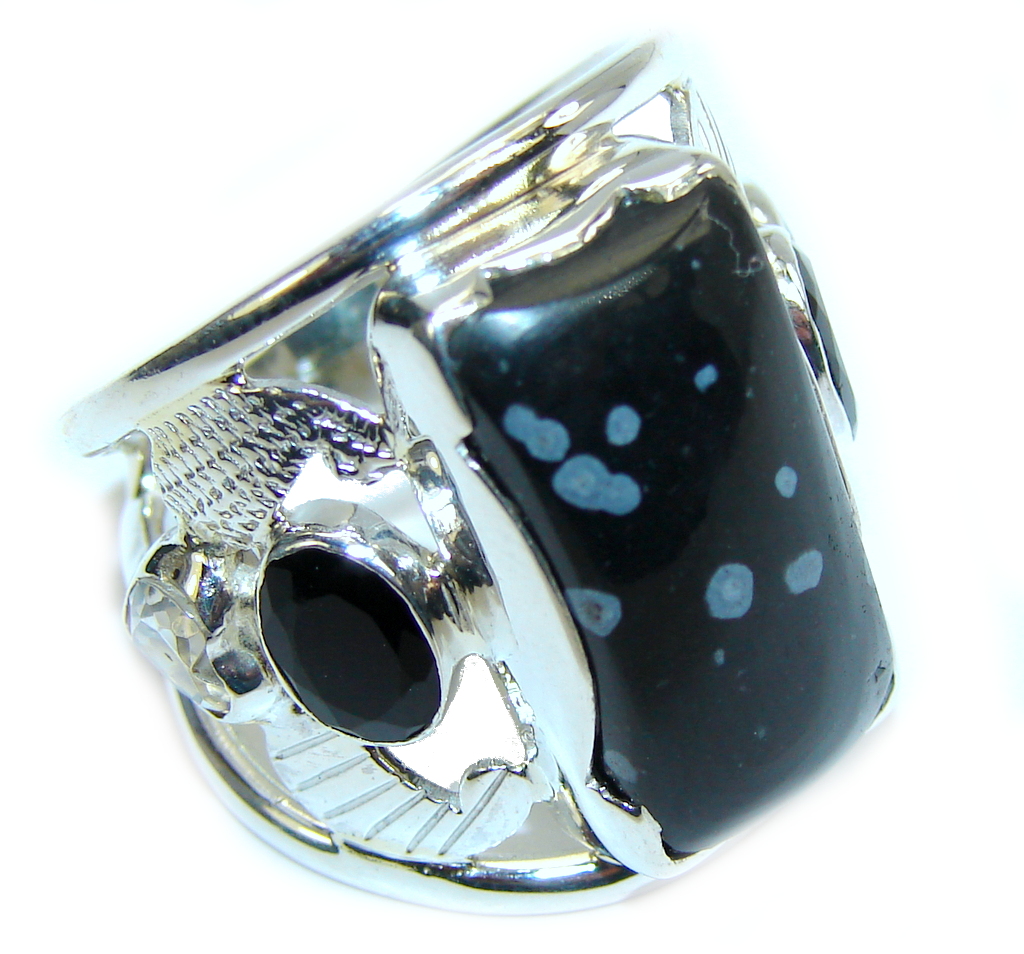 Excellent Black Snowflake Obsidian Sterling Silver ring s. 7 1/4