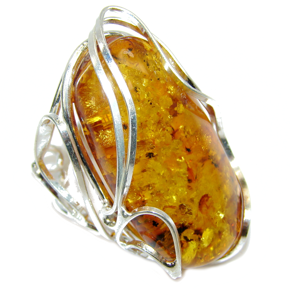 Big! Natural AAA Baltic Polish Amber Sterling Silver Ring s. 8 adjustable