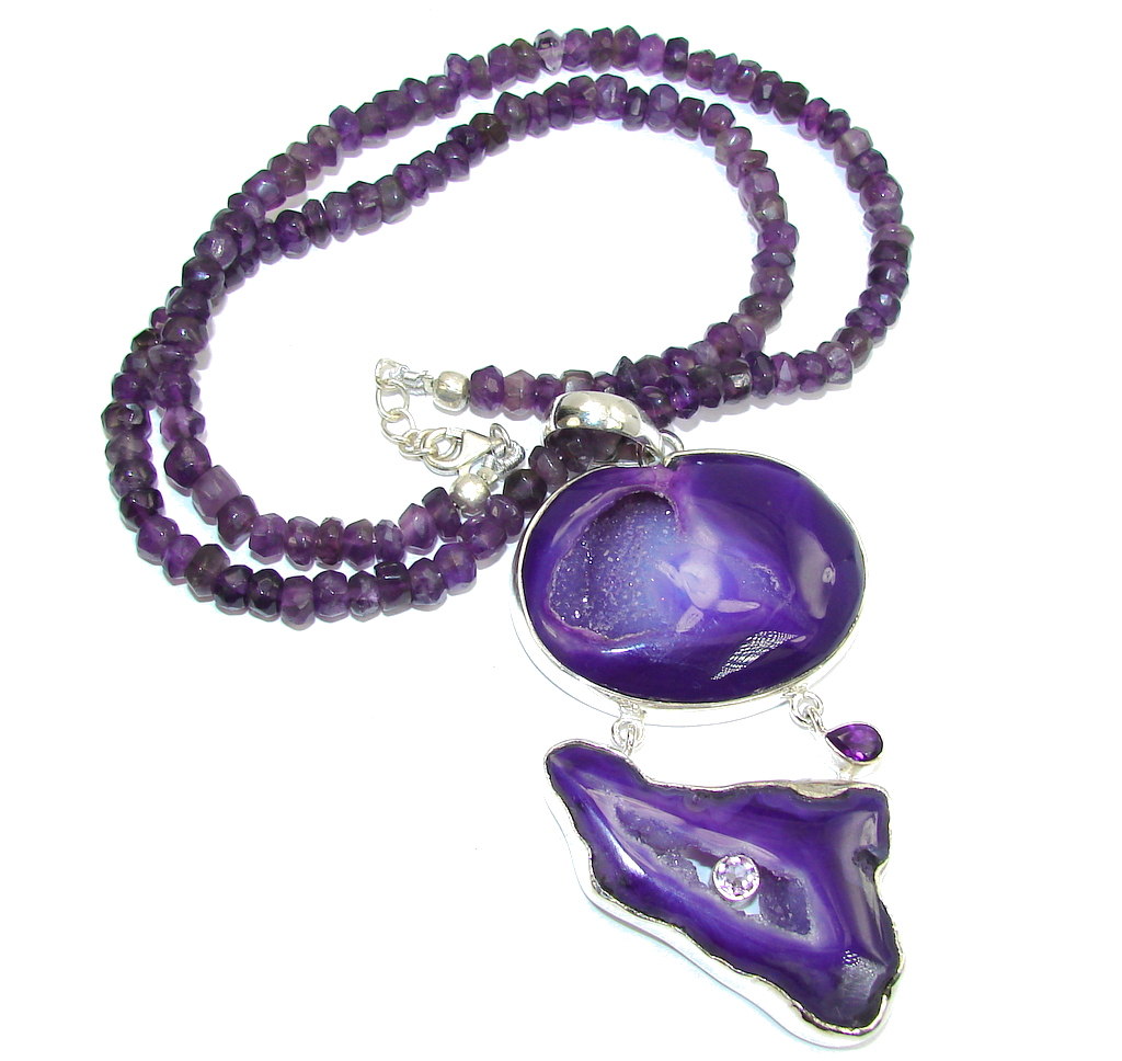 Lavender Secret Agate Druzy & Amethyst Sterling Silver necklace