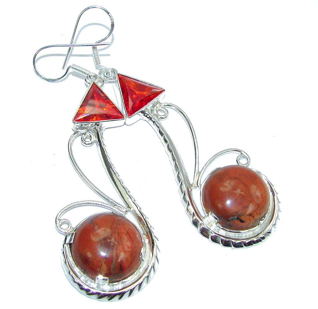 Excellent Brown Red Jasper Sterling Silver Earrings / Long