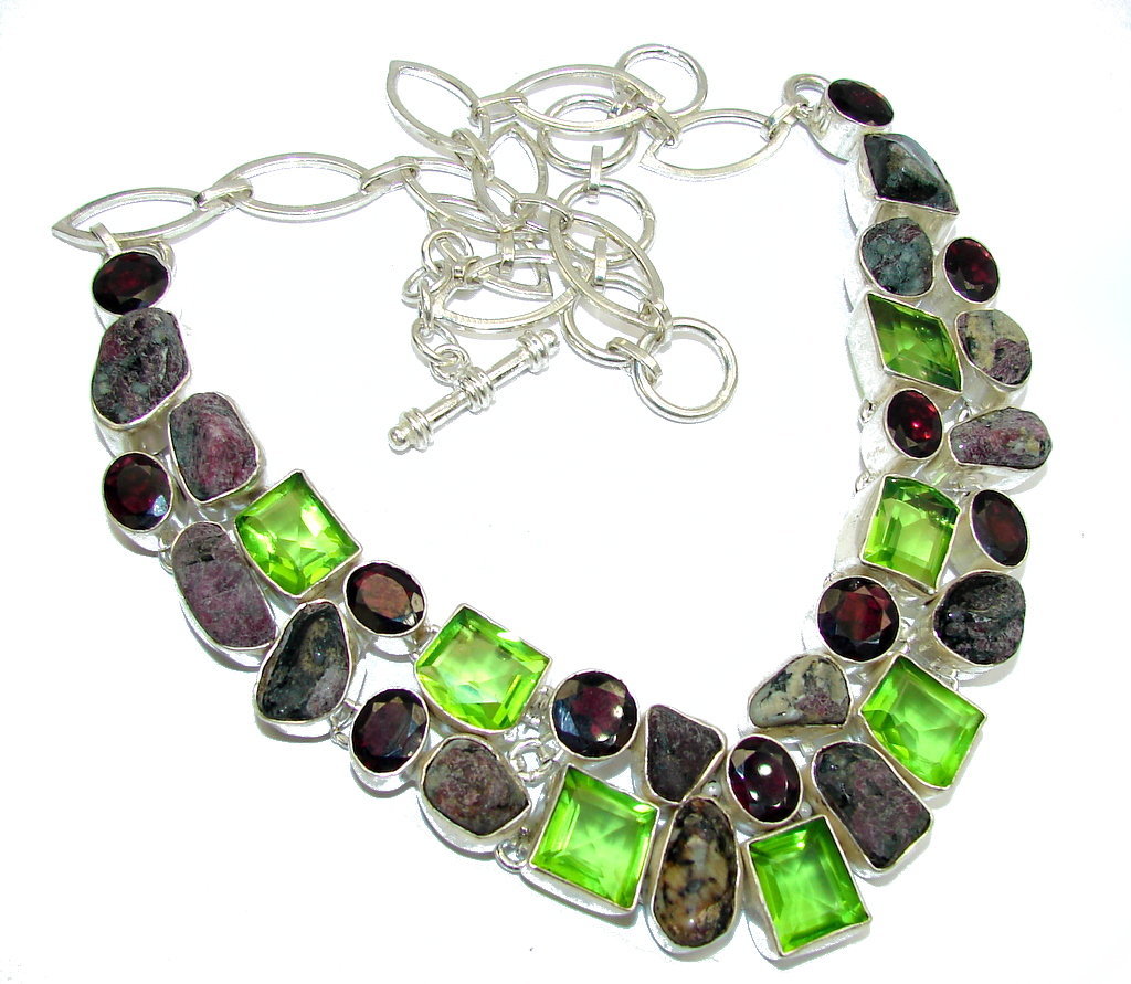 Fashion Beauty Rough Tourmaline & Garnet Sterling Silver Necklace