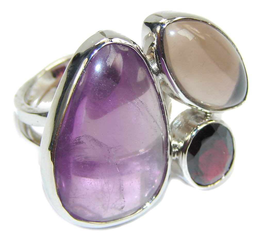 Big! Delicate Purple Amethyst & Smoky Topaz & Garnet Sterling Silver Ring s. 8 -adjustable