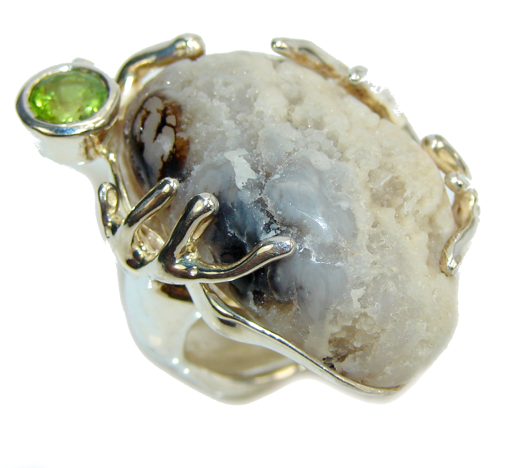 Large! Fashion Rough Montana Agate & Peridot Sterling Silver Ring s. 10
