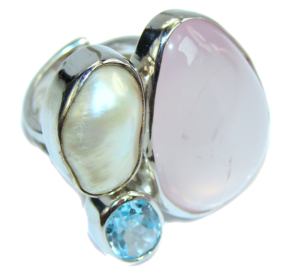 Big! Amazing Rose Quartz & Blister Pearl & Swiss Blue Topaz Sterling Silver Ring s. 7 - adjustable