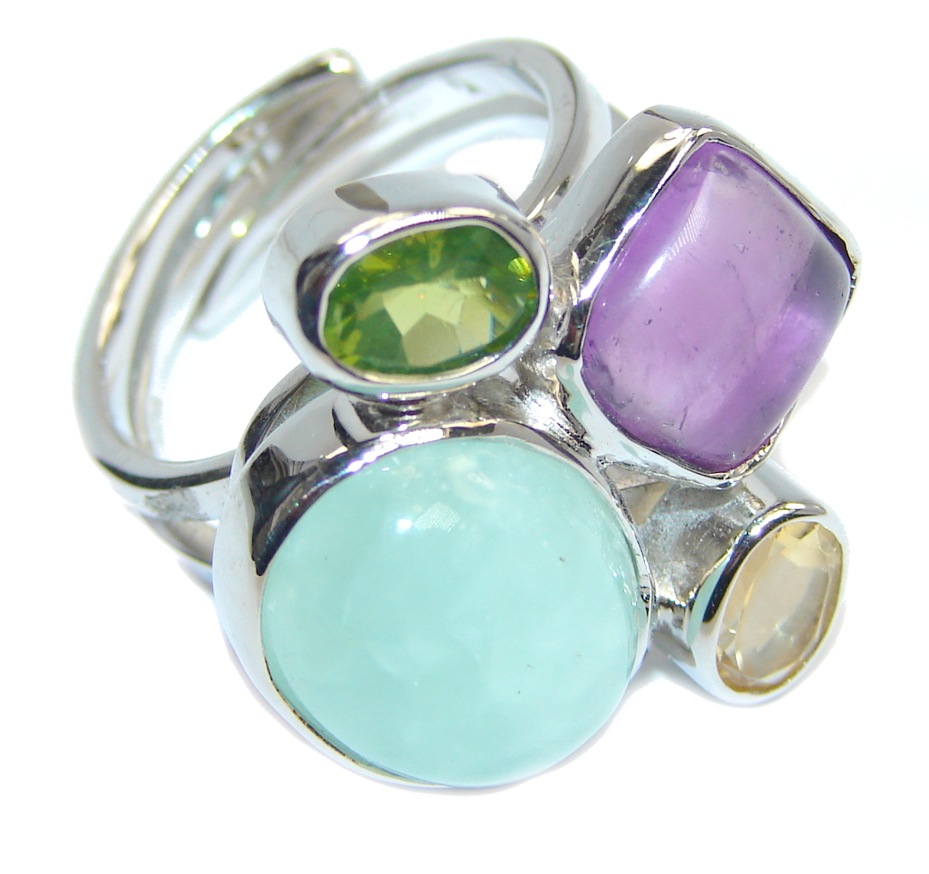 Amazing Light Green Apatite & Amethyst Sterling Silver ring s. 8- adjustable