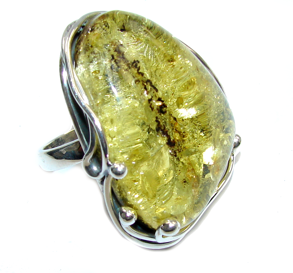 Big! Genuine Green AAA Baltic Polish Amber Sterling Silver Ring s. 9 1/4