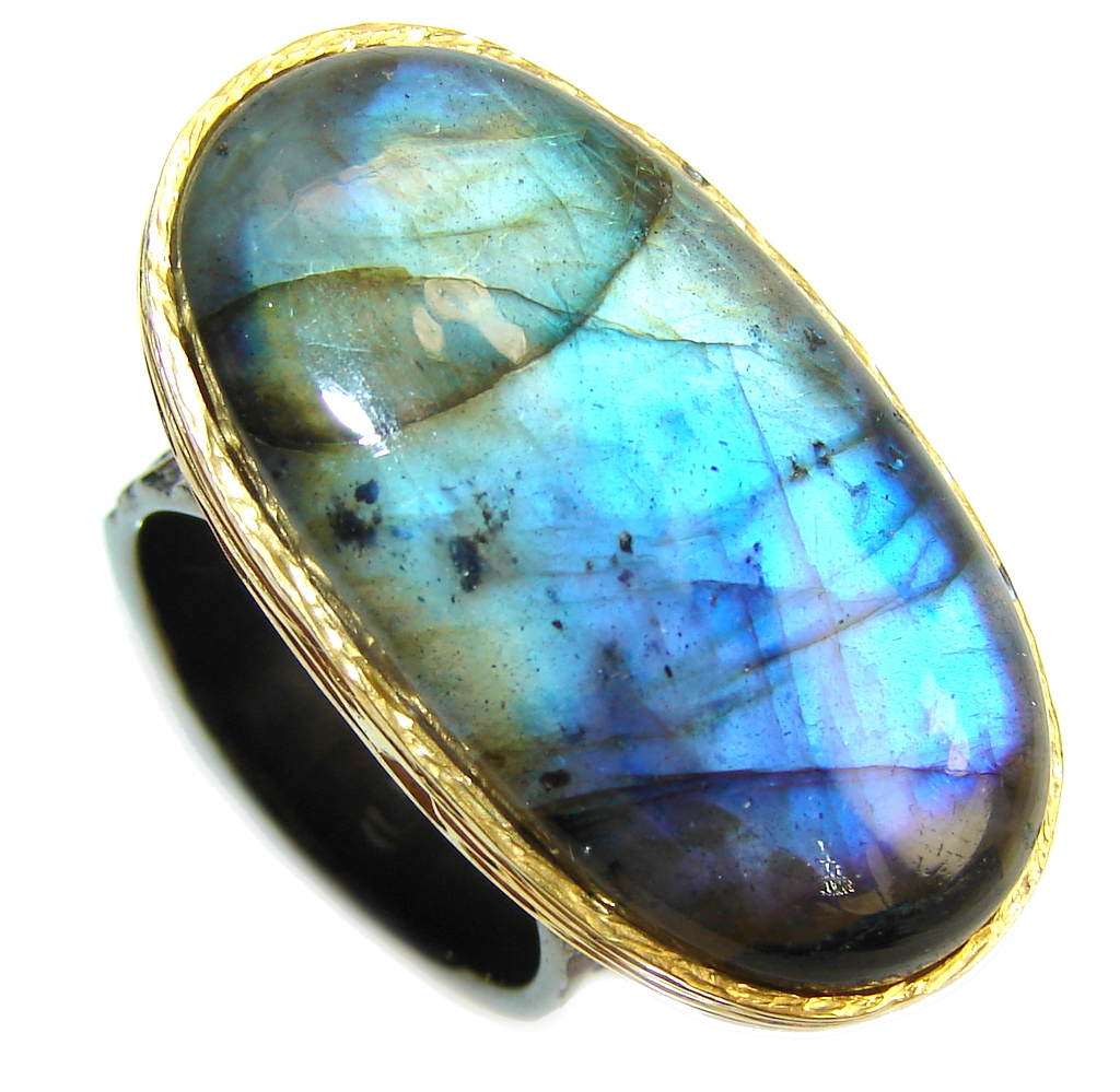 Big! Natural AAA Fire Labradorite, Gold Plated, Rhodium Plated Sterling Silver ring s. 7