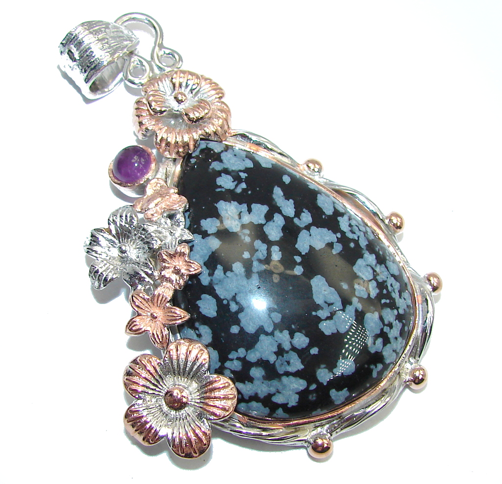Big! Very Elegant AAA Black Obsidian, Two Tones Sterling Silver pendant