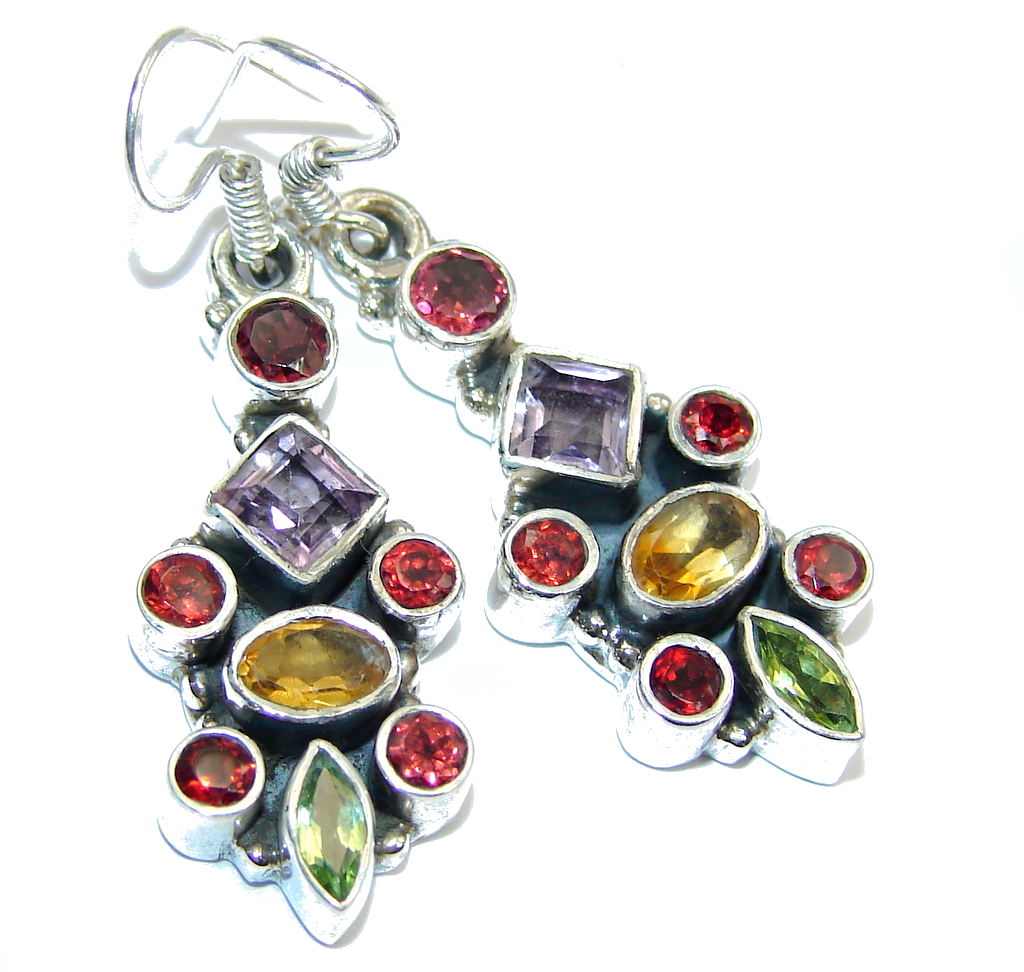 Excellent Peridot Amethyst Garnet Citrine Sterling Silver Earrings