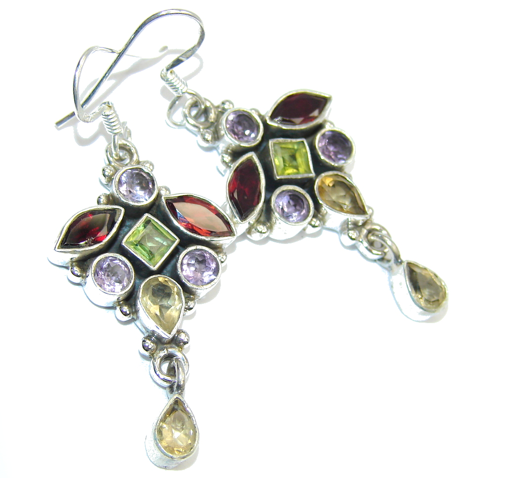 Excellent Peridot Amethyst Garnet Citrine Sterling Silver Earrings