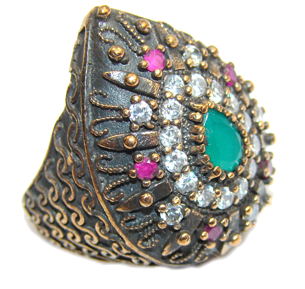 Victorian Style! Green Emerald & Ruby & White Topaz Sterling Silver Ring s. 7 1/4