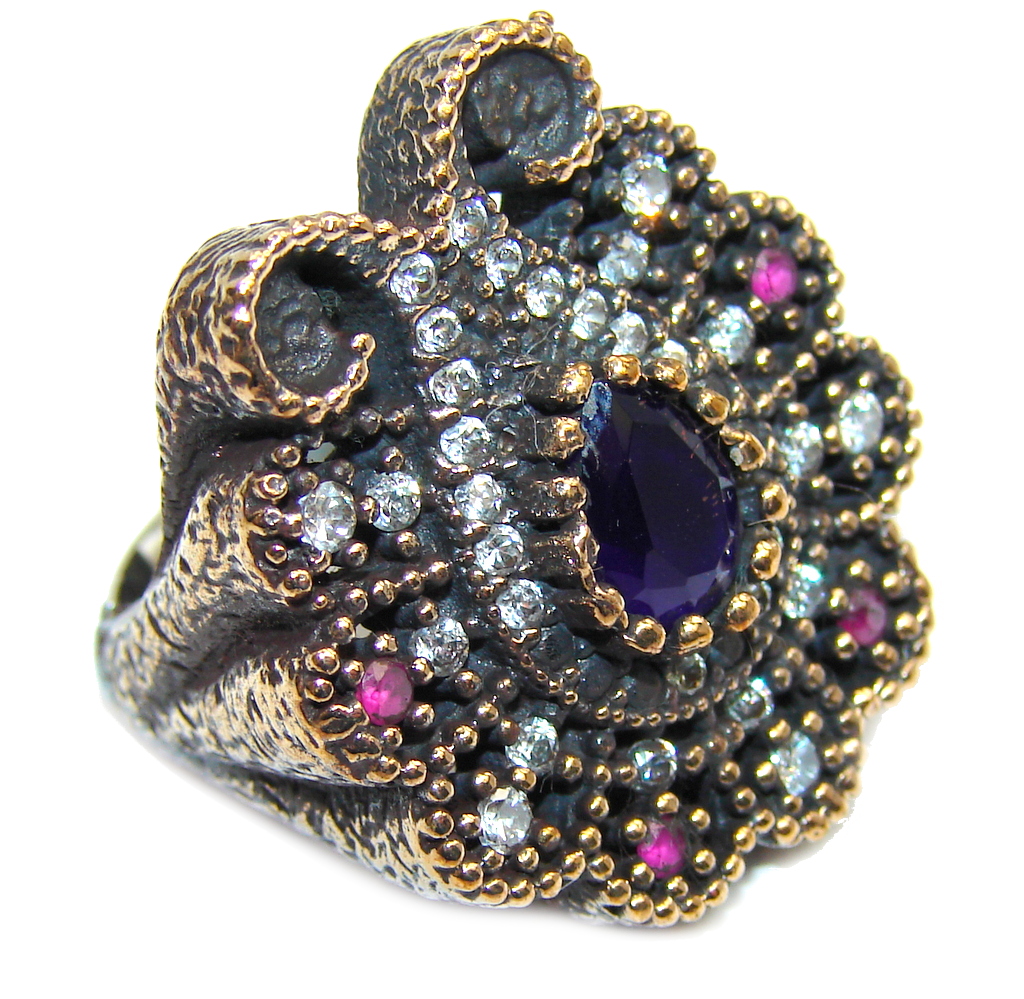 Victorian Style! Royal Blue Sapphire & Ruby & White Topaz Sterling Silver Ring s. 6