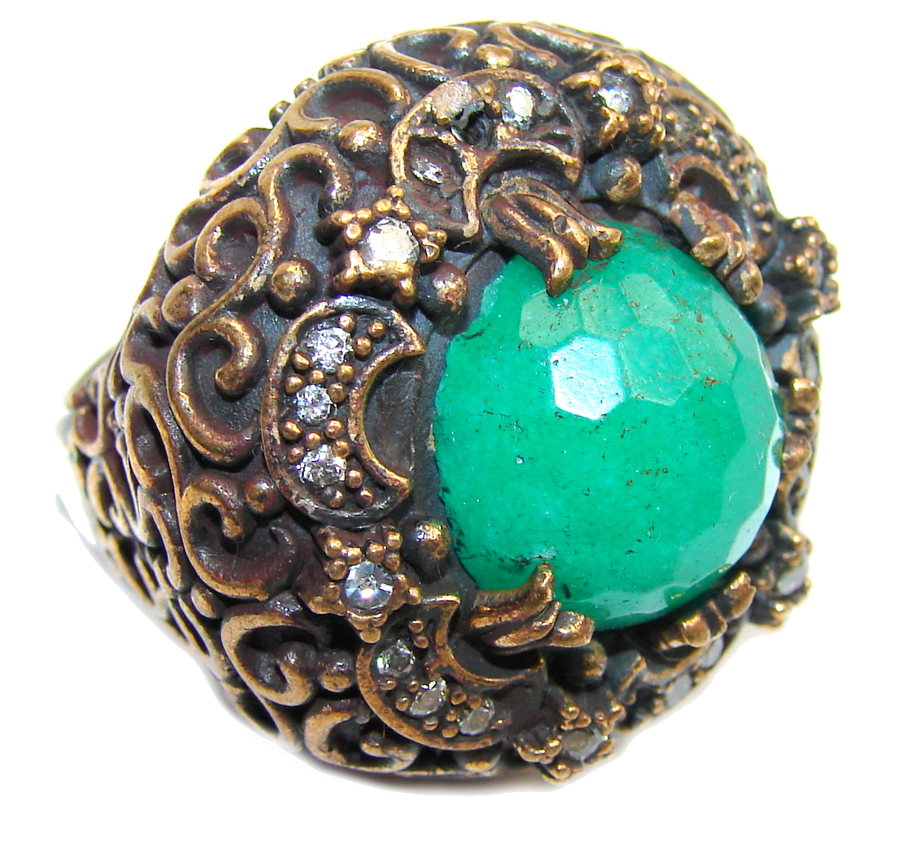 Big! Victorian Style! Green Emerald & White Topaz Sterling Silver Ring s. 8