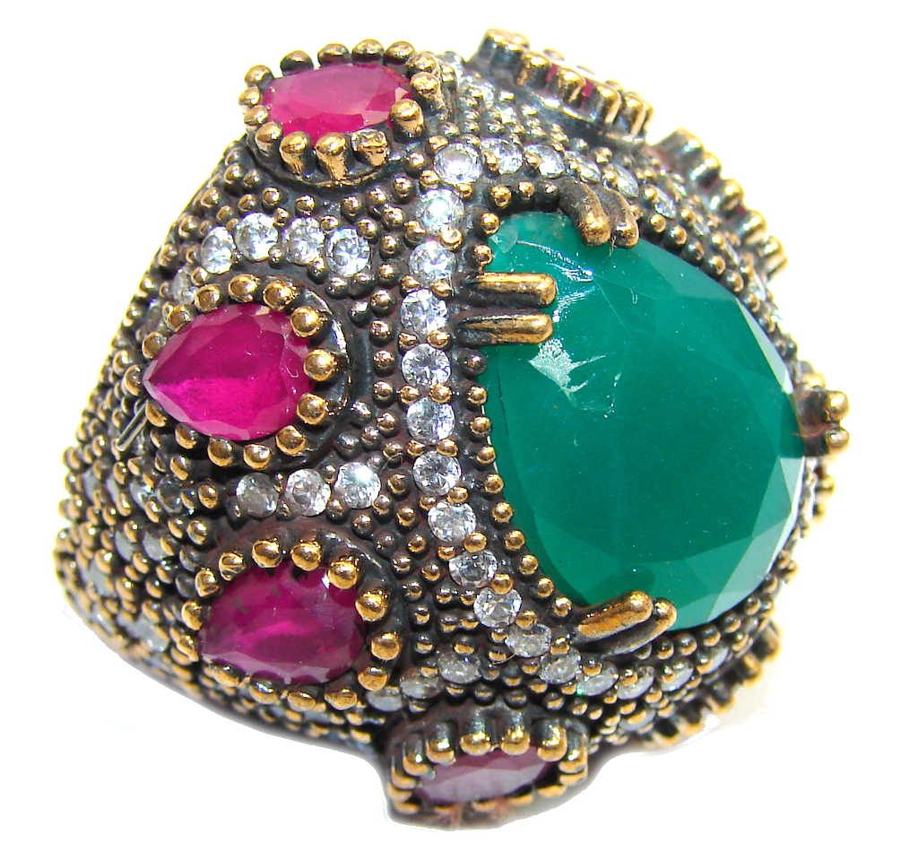 Big! Victorian Style! Green Emerald & Ruby & White Topaz Sterling Silver Ring s. 7