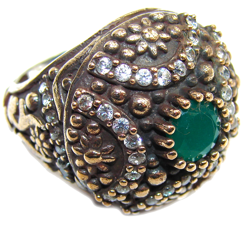 Victorian Style! Green Emerald & White Topaz Sterling Silver Ring s. 7