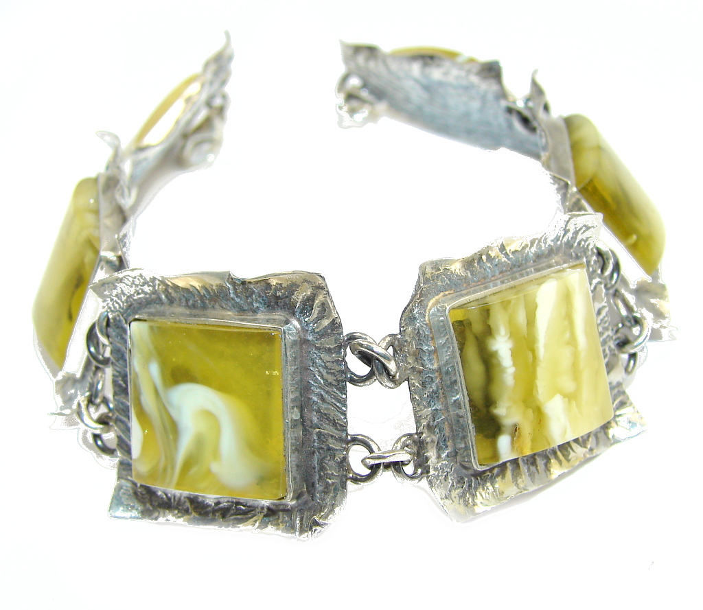 Vintage Style! AAA Green Amber Sterling Silver Bracelet
