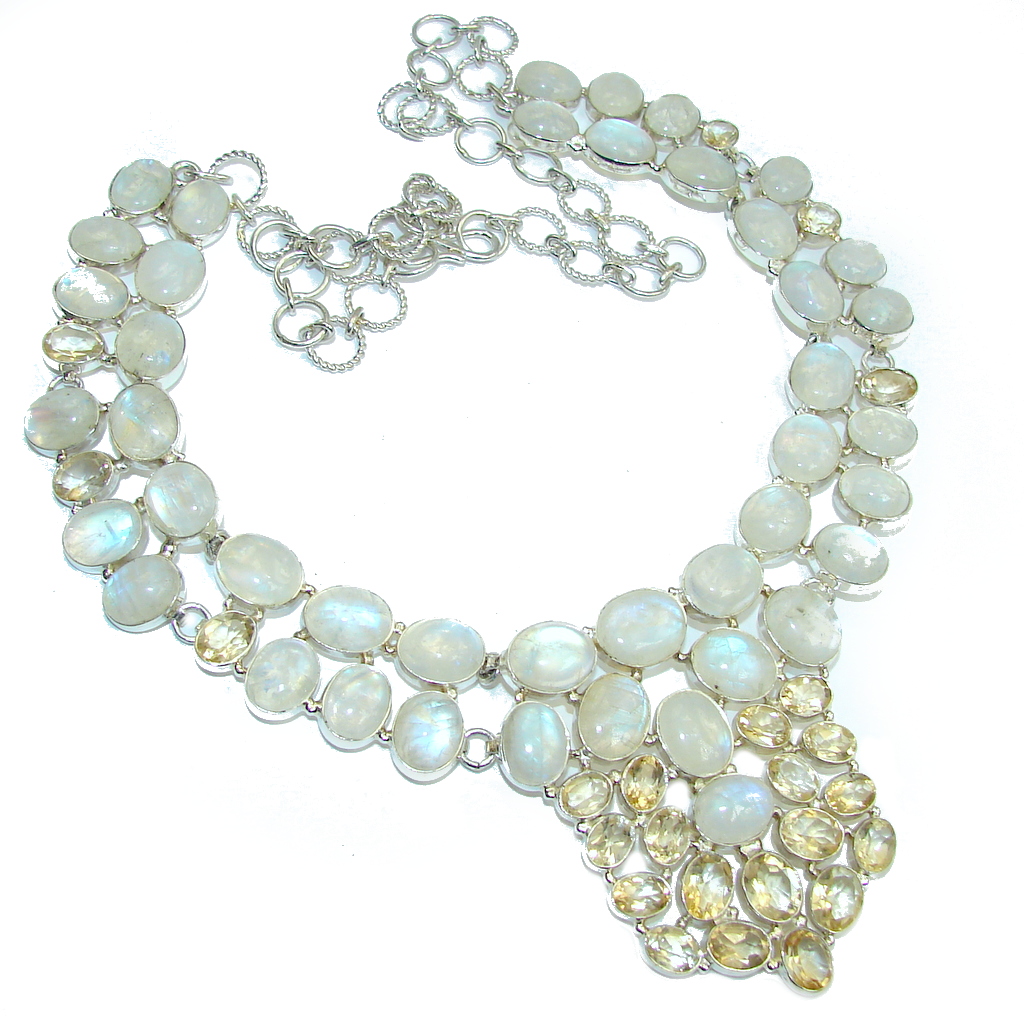 Ice Queen AAA White Fire Moonstone & Citrine Sterling Silver necklace