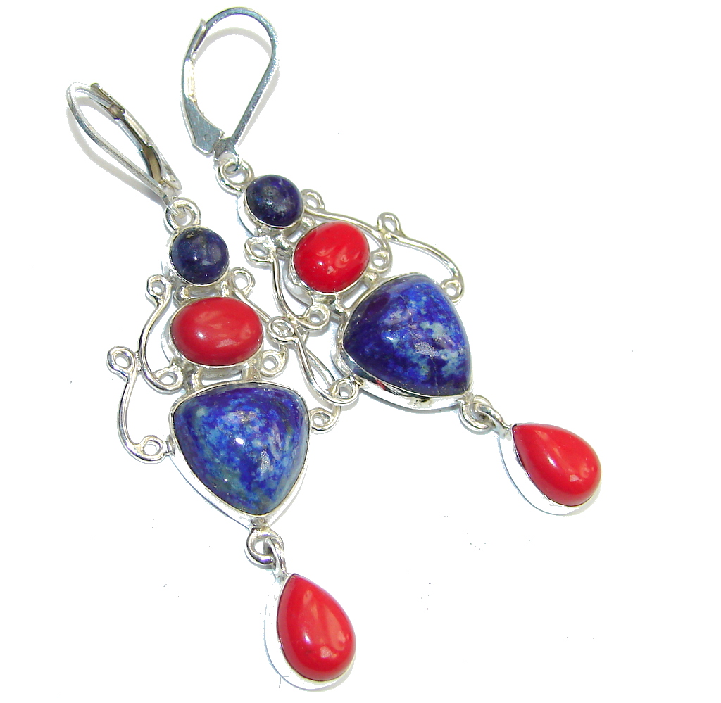Fantastic! Blue Sodalite & Red Coral Sterling Silver earrings