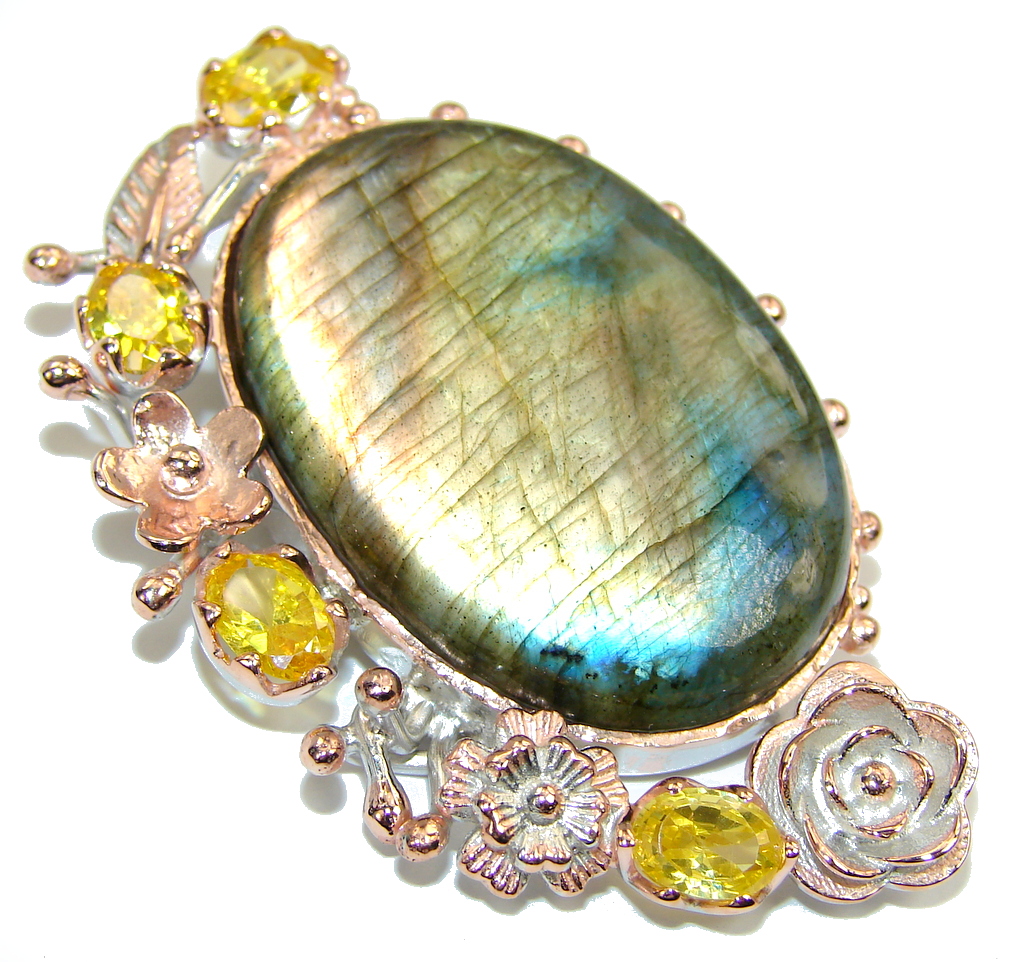 Stunning AAA Blue Fire Labradorite, Rose Gold Plated Sterling Silver Pendant