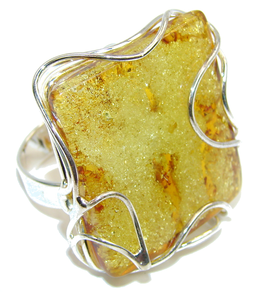 Big! Natural AAA Brown Polish Amber Sterling Silver Ring s. 9 - adjustable