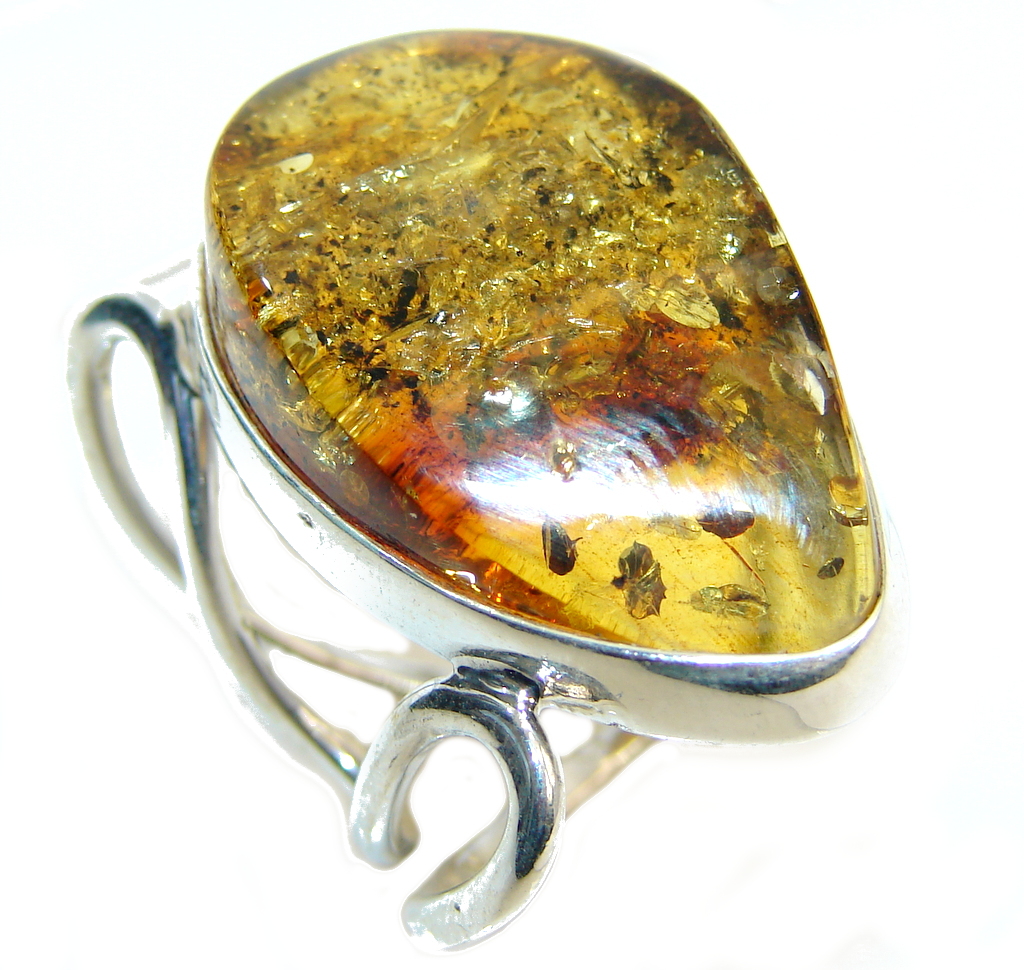 Secret Beauty Brown Polish Amber Sterling Silver Ring s. 9 - adjustable