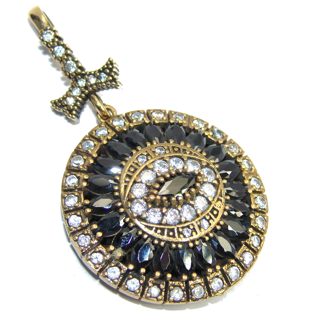 Victorian Style Created Black Sapphire, White Topaz Sterling Silver Pendant