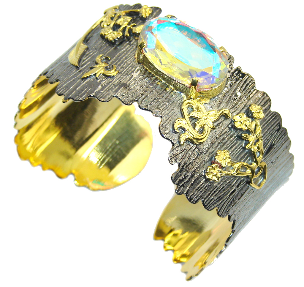 Beautiful Style Rainbow Quartz, Gold PLated, Rhodium Plated Sterling Silver Bracelet / Cuff