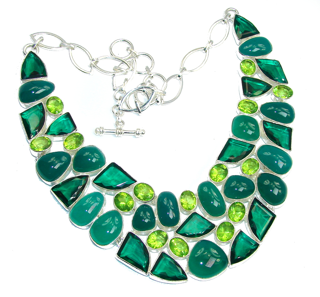 Exotic Green Island Agate & Created Emerald Sterling Silver necklace