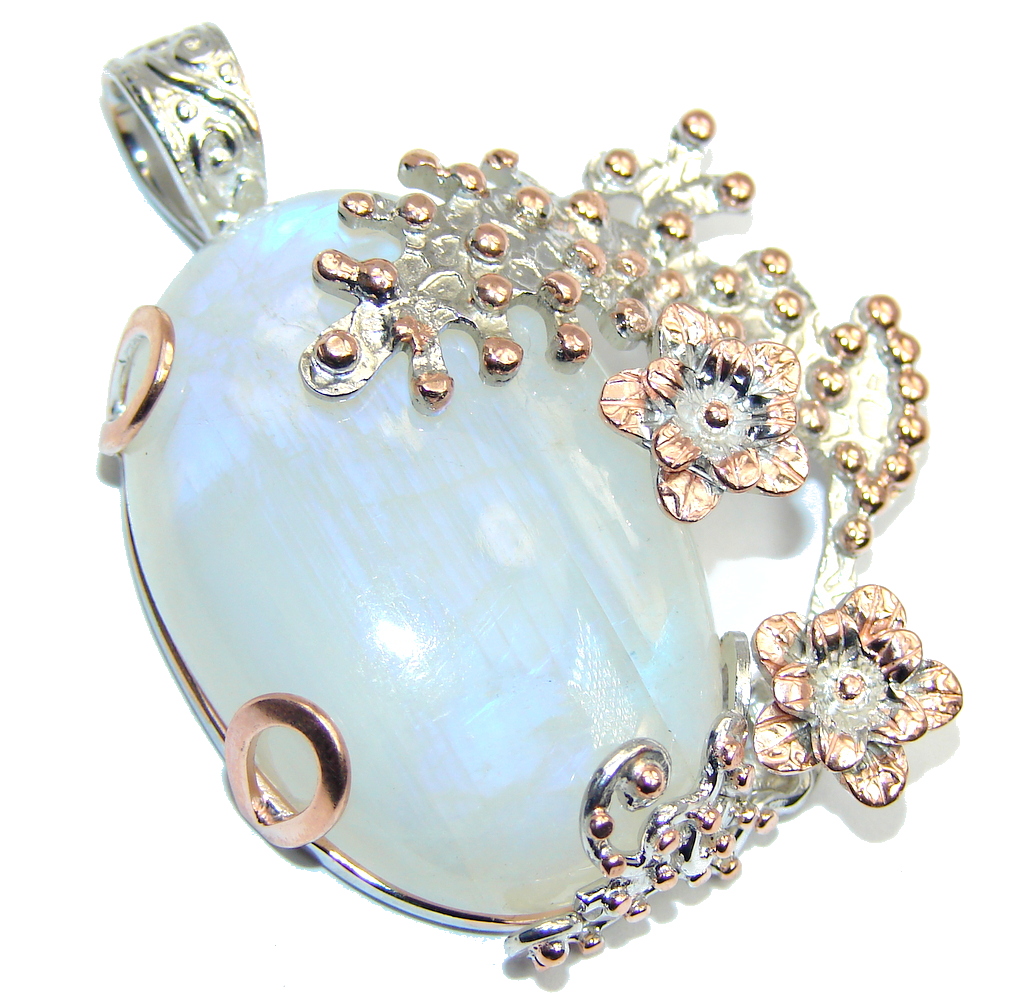 AAA Rainbow Moonstone, Two Tones Sterling Silver Pendant