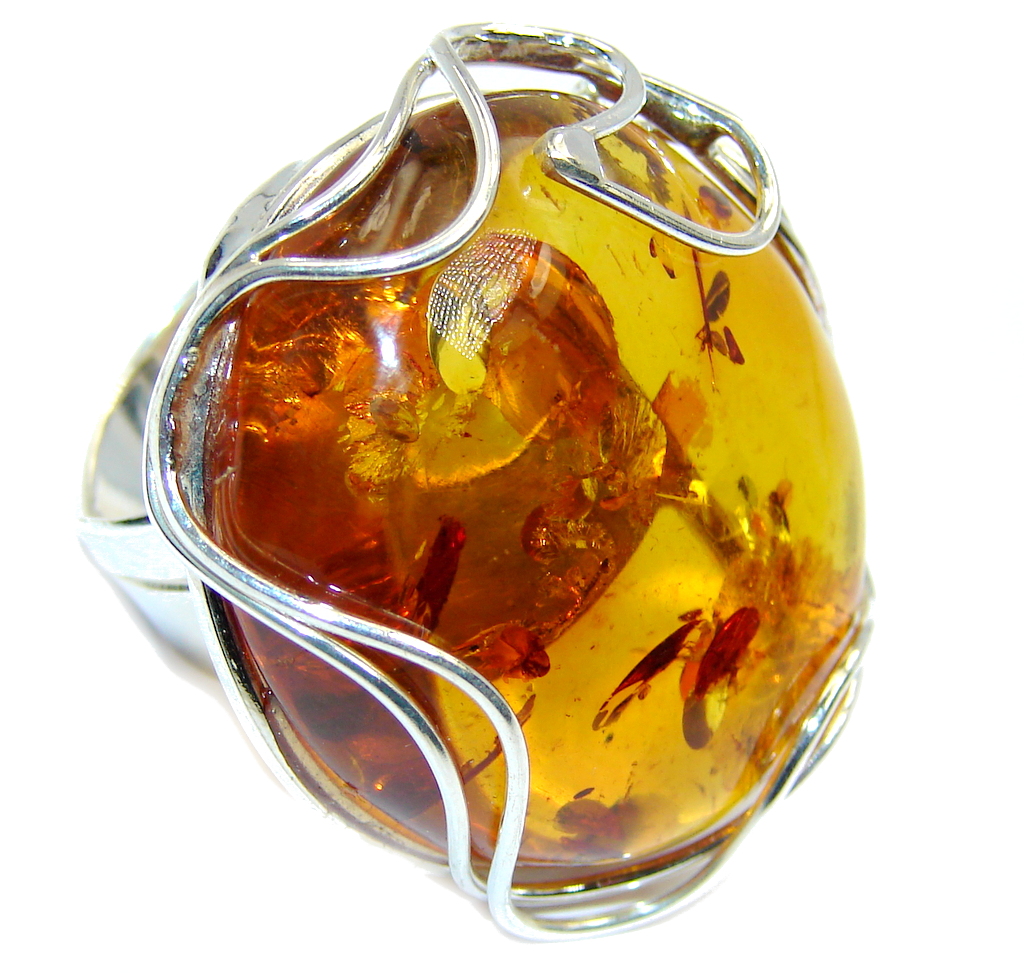 Big! Natural Baltic Polish Amber Sterling Silver Ring s. 7 - adjustable