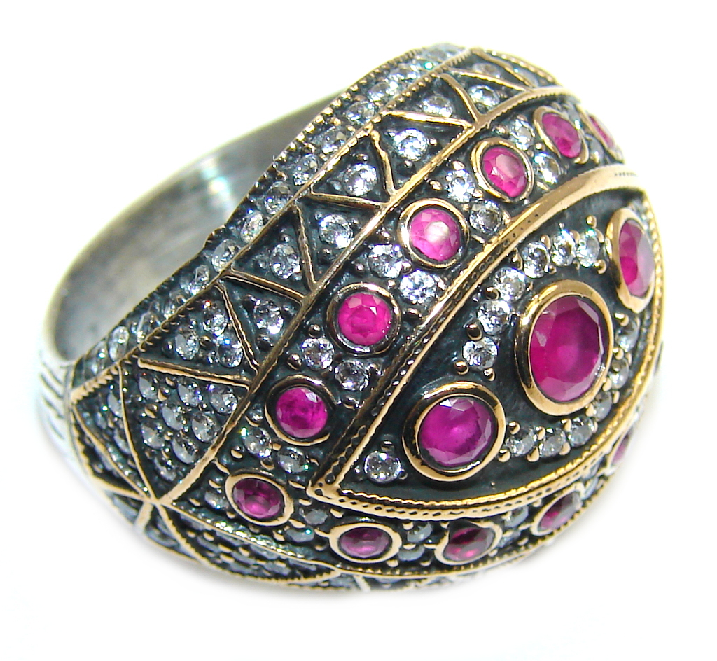 Victorian Style Pink Ruby & White Topaz Sterling Silver Ring s. 7 1/2