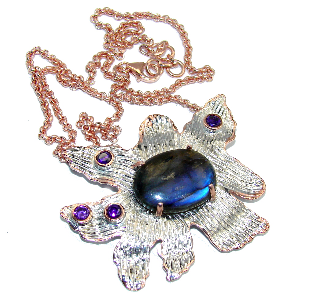 Very Elegant Blue AAA labradorite, Two Tones Sterling Silver necklace