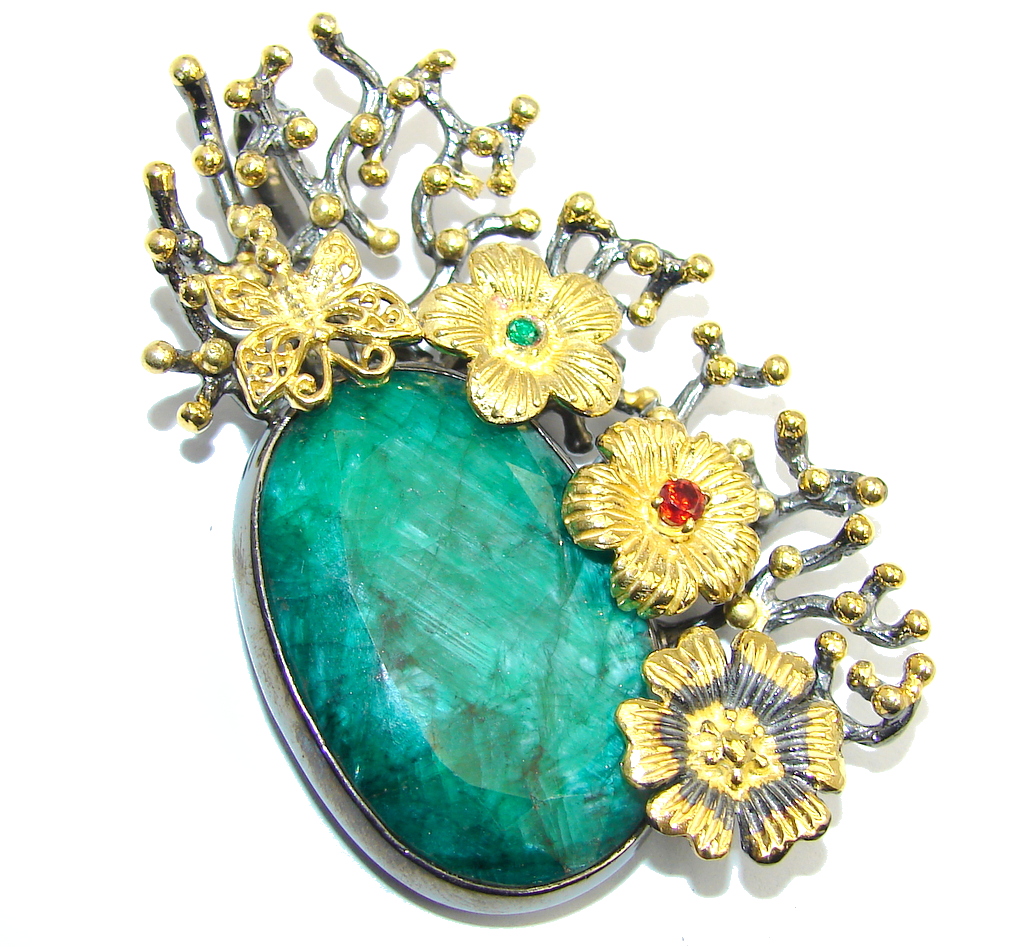 Big! Exclusive AAA Emerald, Gold Plated, Rhodium Plated Sterling Silver Pendant
