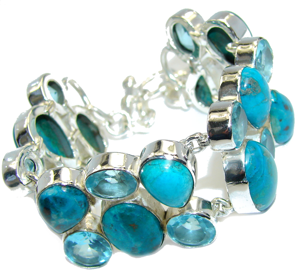 Perfect! Parrot Wing Chrysocolla & Created Blue Quartz Sterling Silver Bracelet