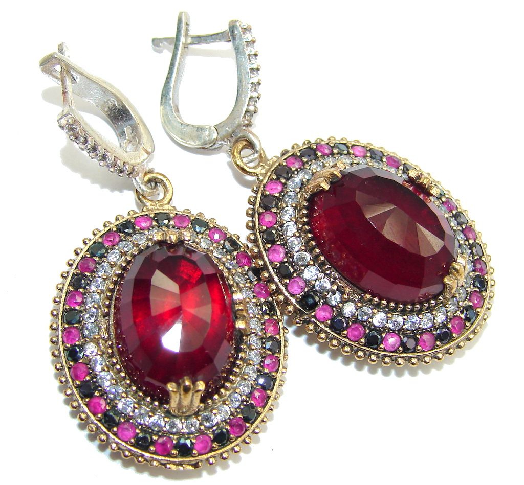 Victorian Style! Garnet Quartz & Ruby & Sapphire & White Topaz Sterling Silver earrings