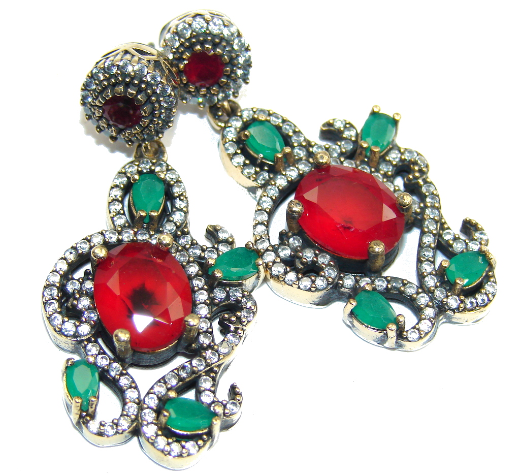 Victorian Style! Red Ruby & Emerald & White Topaz Sterling Silver earrings