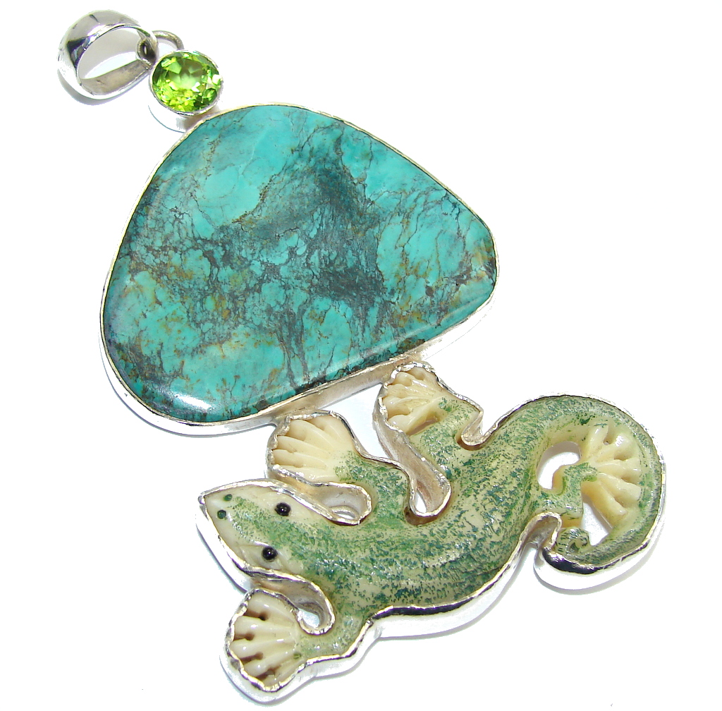 Large! Always Lucky Lizard Fashion Style Blue Turquoise Sterling Silver Pendant