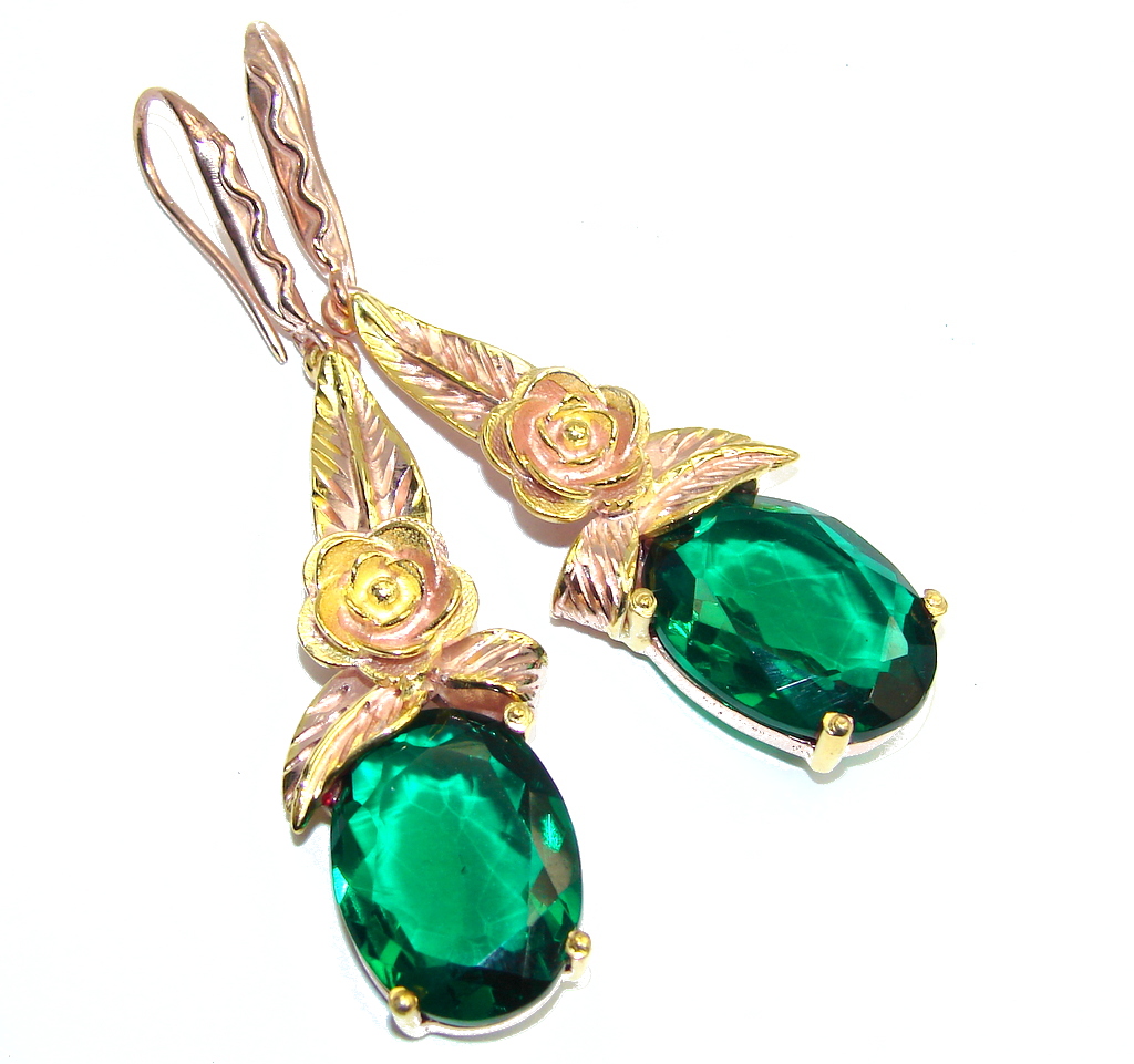 Stunning Created Emerald, Rose & Gold Plated Sterling Silver earrings / Long