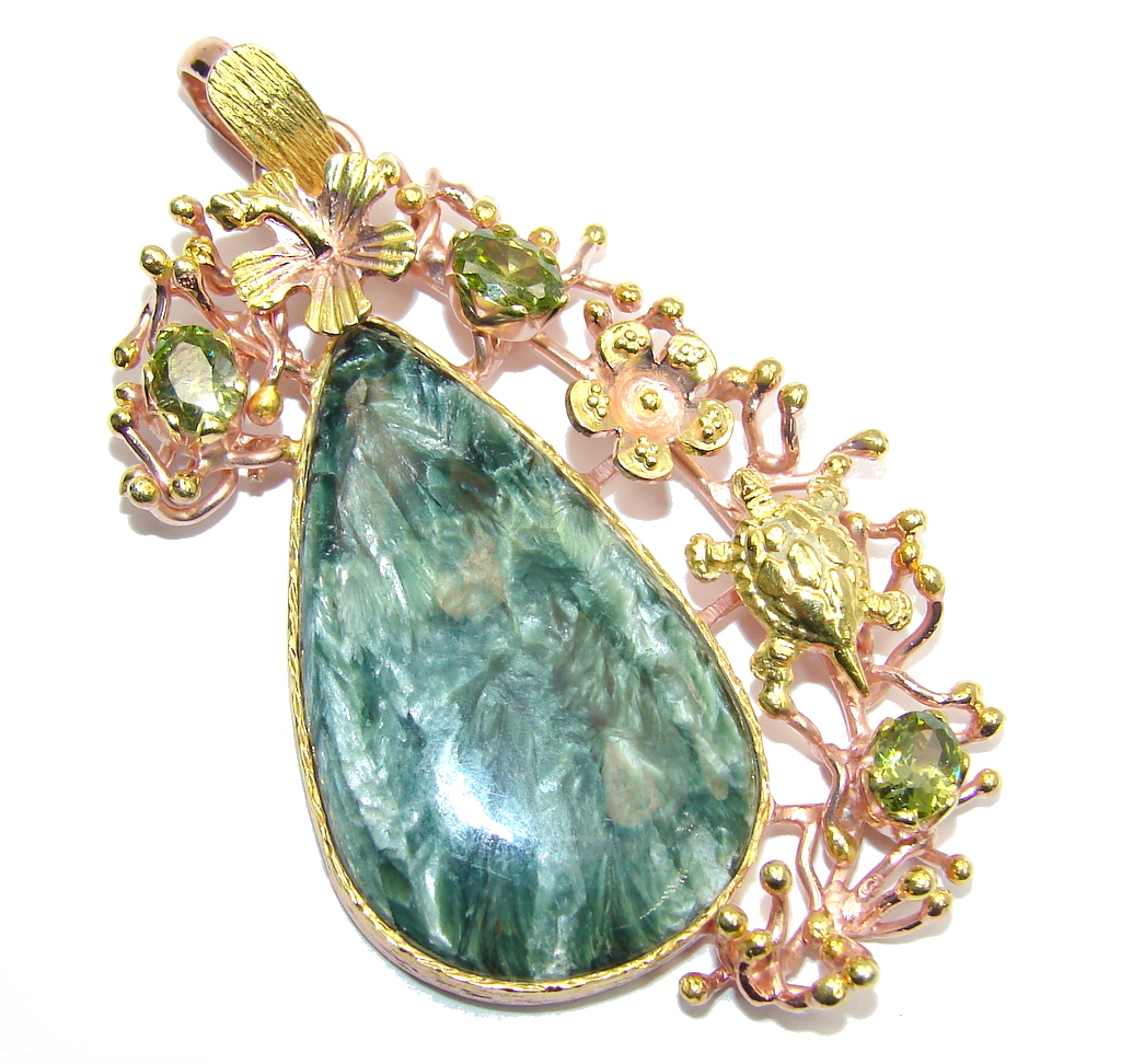 Perfect AAA Green Seraphinite & Peridot Gold Plated Sterling Silver Pendant