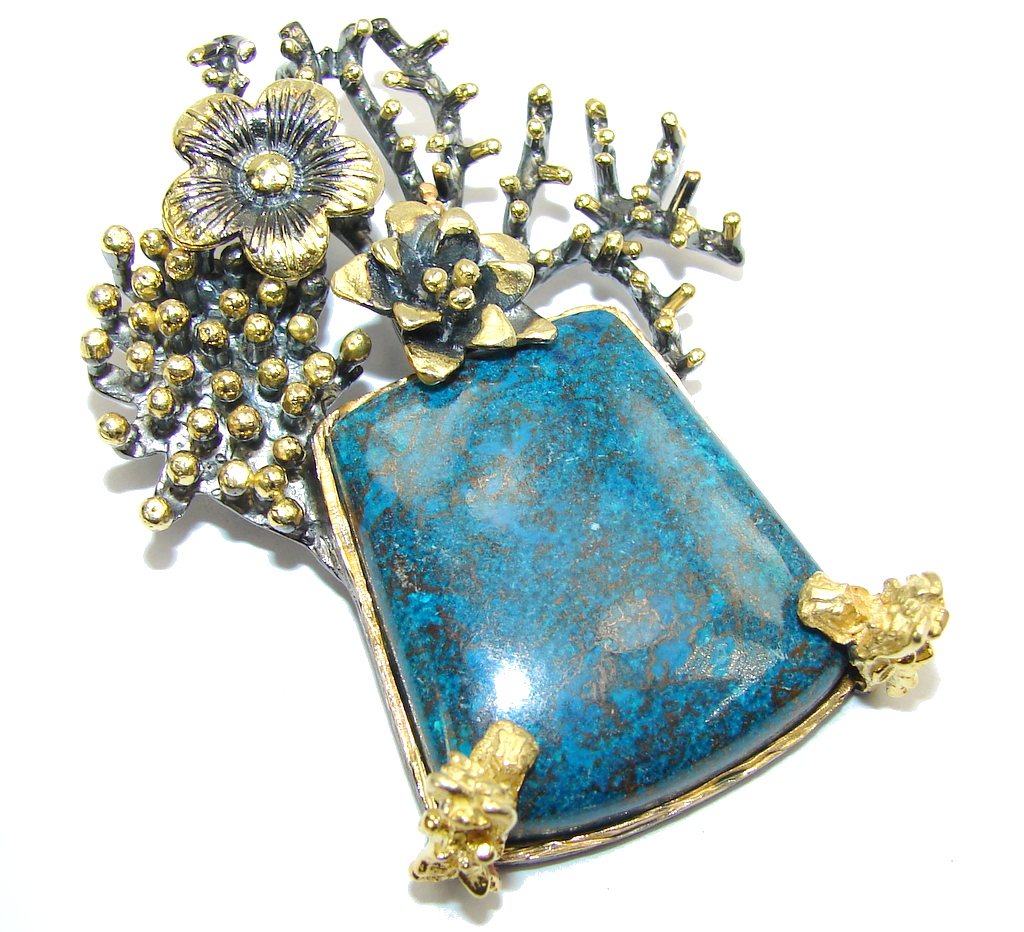 Two Dragons Heads Dark Blue Chrysocolla Sterling Silver Pendant