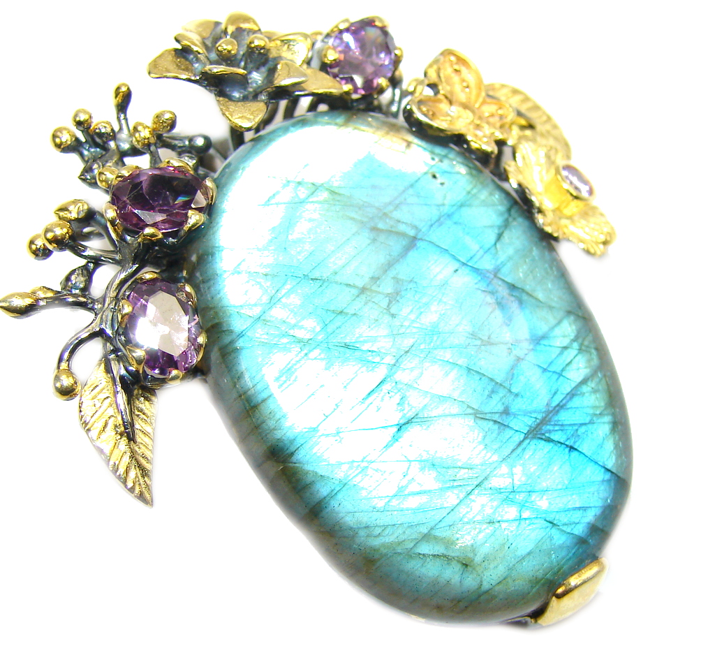 Secret Beauty AAA Fire Labradorite Gold plated Sterling Silver Pendant