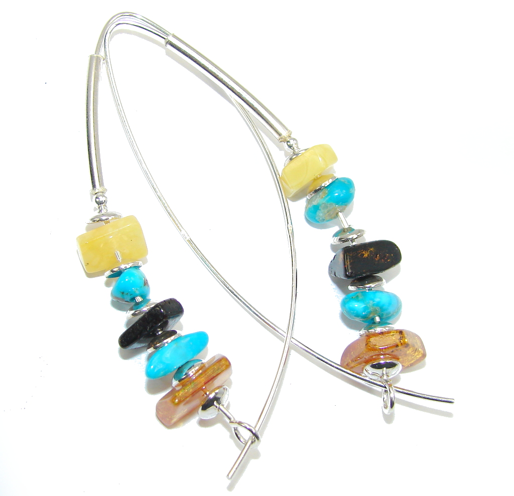 Genuine Long Baltic Polish Amber Sleeping Beauty Turquoise Sterling Silver Earrings