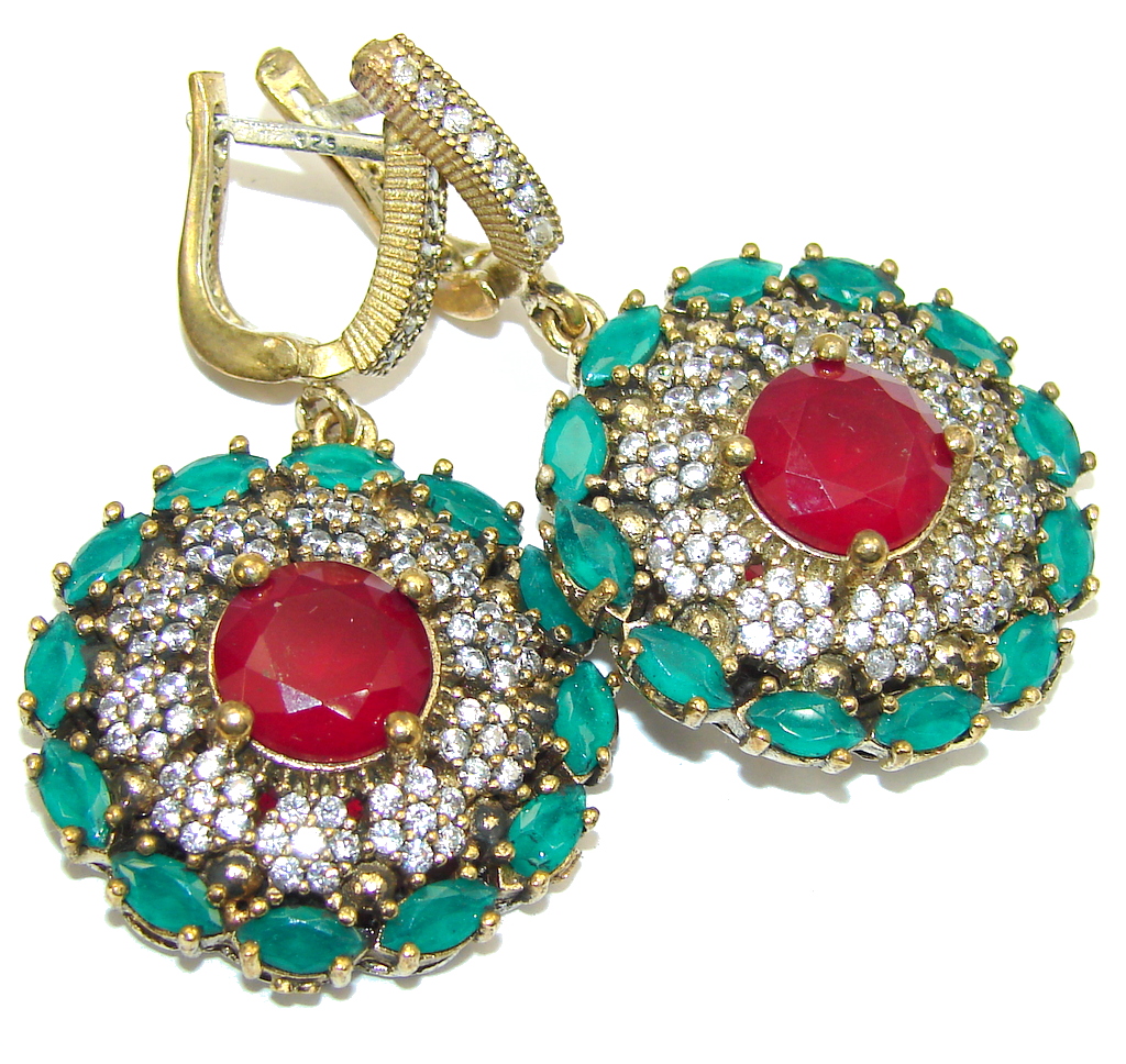 Victorian Style Red Ruby & White Topaz Sterling Silver earrings