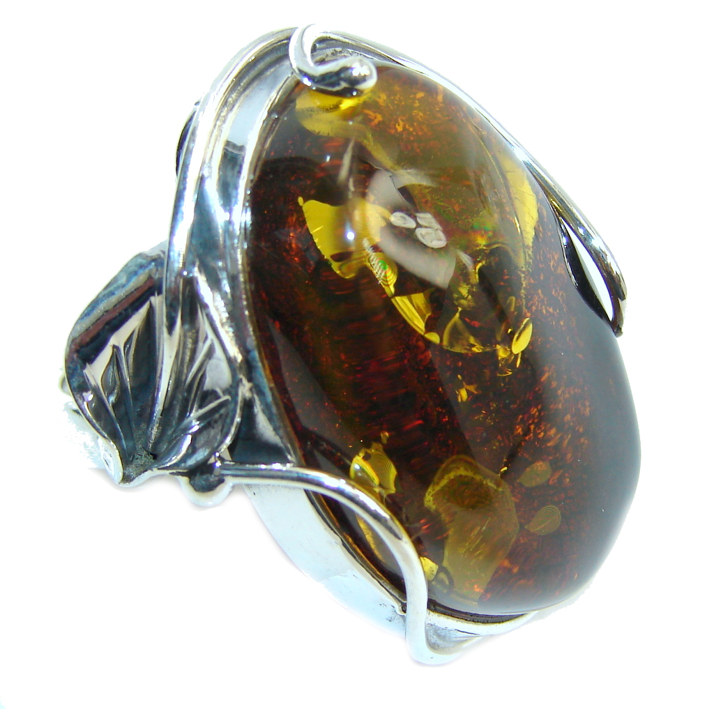 Big! Genuine AAA Brown Polish Amber Sterling Silver Ring s. 7 1/2